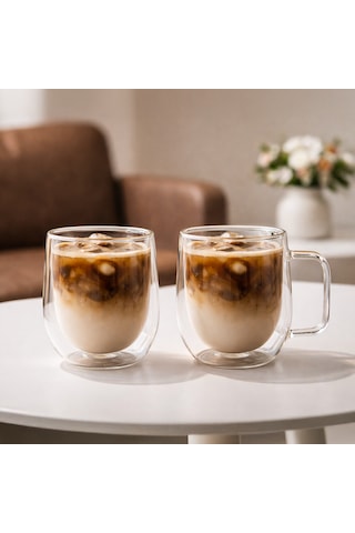 Porsima Pbt-323 Çift Cidarlı 2li Cam Kupa Çay Kahve Kupası Isı Yalıtımlı Kulplu Cam Bardak Seti 250 Ml Cam - Şeffaf
