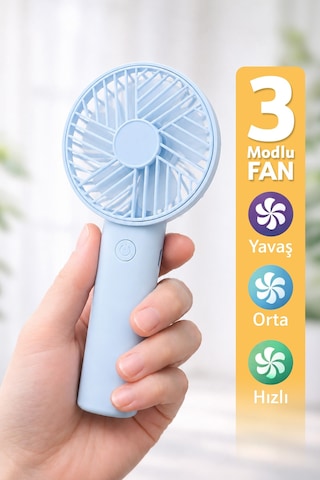 Standlı 3 Mod Şarjlı El Fanı 3 Kademe Seyahat Masaüstü Vantilatör Taşınabilir Mini Fan Mavi F137