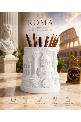 Antik Roma Temalı Dekoratif Kalemlik Premium Tasarım 10x9.5 Beyaz