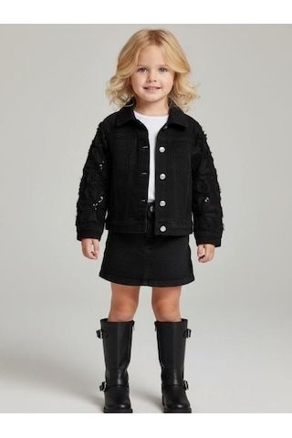 Zekids Kız Çocuk Çiçek İşlemeli Tasarım Ceket-17123 Siyah