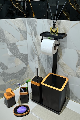 6 Parça Banyo Seti Çöp Kovası, Wc Fırça, Tuvalet Kağıtlık, Diş Fırçalık, Sıvı Sabunluk, Sabunluk Kahverengi - Siyah