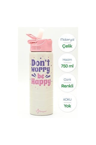 Paslanmaz 304 Çelik Matara Pipetli Motivasyon Matarası Suluğu 304 Çelik Suluk Pembe 750 Ml 1156 Pembe