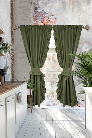 Poli Perde Çift Kanat Dikey Fırfırlı Zümrüt Yeşili