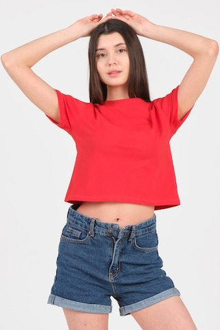 As Collection Kırmızı Bisiklet Yaka Kısa Kol Örme Kadın Crop 001