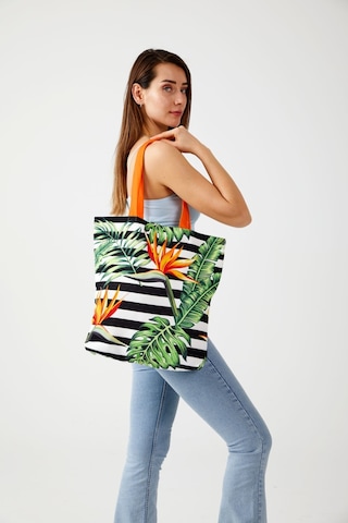 Kadın Siyah Beyaz Tropikal Yaprak Bez Alışveriş Plaj Çantası Beyaz - Siyah