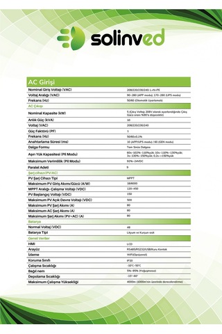 Solinved 5.0 Kw Gordion Serisi Mppt Off-grid Invertör 48v