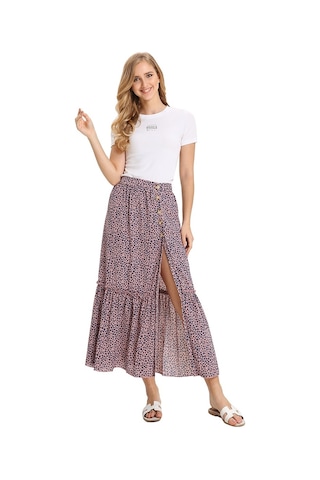 Sones Yüksek Bel Çiçekli Plise Vintage Bölünmüş Etek Pembe