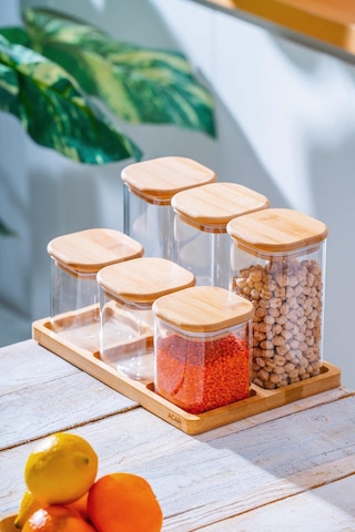 Malibu Bambu Standlı 6 Lı Cam Baharatlık Seti Bambu