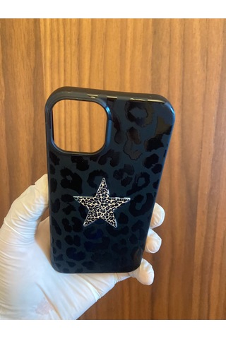 Apple iPhone Uyumlu 13/14 Leopar Baskılı İçi Kadife Silikon Telefon Kılıfı Siyah
