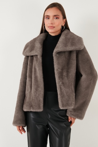 Lela Oversize Fit Geniş Yaka Astarlı Bayan Kürk 497Afra Gri