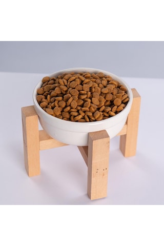 Beyaz Ahşap Standlı Seramik Mama/ Su Kabı Kedi Köpek Mama Su Kabı
