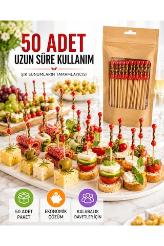 50 Adet Dekoratif Kırmızı Örgülü Bambu Kürdan 12 Cm Kokteyl Parti Kanepe Sunum Çubuğu Seti Paket