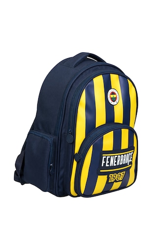 Fenerbahçe Lisanslı Çubuklu Okul Çantası - 3 Bölmeli Suni Deri Panelli Konforlu Sırt Çantası Çok Renkli
