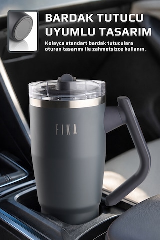 Fika Lumi Patentli Döner Kulplu Sızdırmaz Çift Ağızlıklı Çelik Termos 950 Ml Antrasit