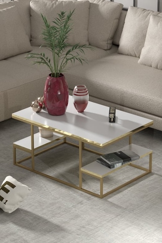 Reyo Falez Deluxe Raflı Orta Sehpa 60x90 Cm Modern Dikdörtgen Orta Sehpa Gold Beyaz Gold - Beyaz