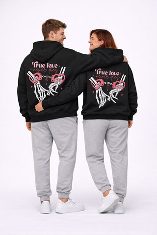 Nevermind Sevgili Kombini True Love Baskılı Oversize Siyah Hoodie Seti Unis