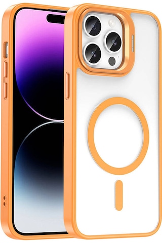 Mobilteam Apple iPhone Uyumlu 14 Pro Max Kılıf Magsafe Şarj Özellikli Standlı Magsafe Klon Lensli K Turuncu