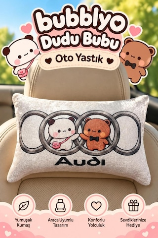 Bubblyo Audi Temalı Dekoratif Oto Yastığı Sevimli Çift Tasarım Beyaz Beyaz