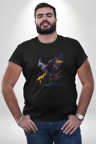 Angemiel Kara Kartal Sulu Boya Siyah Büyük Beden Erkek Kadın Unisex Basic Ön Baskılı Tişört Siyah