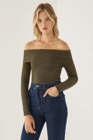 Hiccup Off Shoulder Örme Üst Yeşil