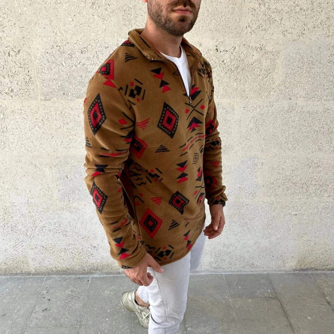 Erkek Yarım Fermuarlı Desenli Polar Sweat Tribal Etnik Desen Yakalı, Uzun Kollu, Oversize Rahat Kalı Kahverengi