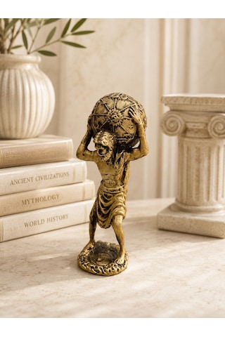 Atlas Heykeli 14 Cm Antik Gold Dekoratif Biblo Mitolojik Ev Dekorasyonu & Masa Üstü Aksesuar