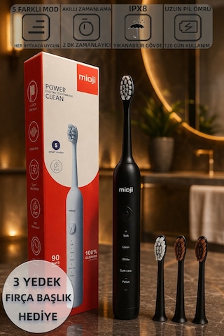 Mioji Oral B1 Şarj Edilebilir IPX8 5 Modlu Diş Fırçası Siyah + 3 Yedek Başlık