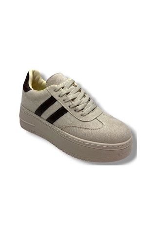 Şanzelize K1-26 Süet Deri Yüksek Anatomik Taban Bağcıklı Kadın Sneaker Bej Kahve Bej