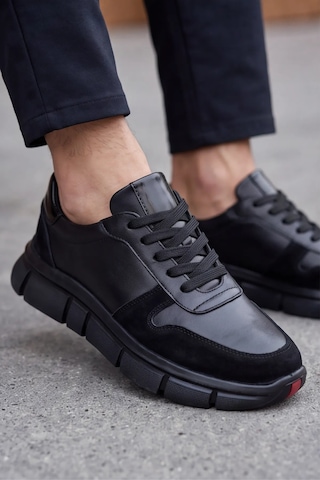 Monolithduo - Hakiki Deri Kalın Segment Tabanlı Bağcıklı Erkek Sneaker Ayakkabı, Parlatılmış Der... siyah
