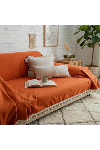 Premium Keten Tarçın Kahverengi Ponponlu Koltuk Örtüsü 170 X 220