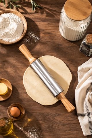 Porsima Mnb05771 Ahşap Saplı Paslanmaz Çelik Merdana Oklava Hamur Pizza Börek Açma Oklava 33cm