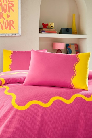 Özdilek Neon Wave Çift Kişilik Lastikli Çarşaf Pike Takımı Pembe