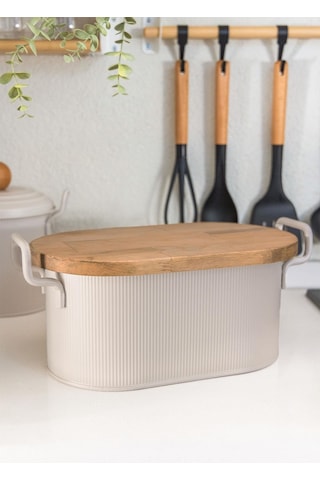 The Mia Stripe Ahşap Kapaklı Ekmek Saklama Kutusu Bej 40x22x18 Cm Bej