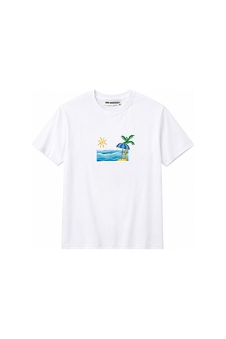 Me Selection Deniz Kum Güneş Tasarım %100 Pamuk Unisex Basic Tişört Beyaz