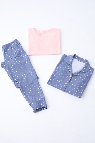 Kadın Pijama Uzun Kollu Düğmeli Pijama Takımı Cepli Pamuk 3 Lü Takım Kısa Kollu Indıgo İndigo