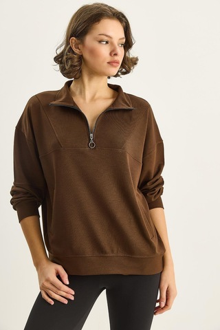 Shade Kadın Dik Yaka Yarım Fermuarlı Cep Detaylı Oversize Modal Sweatshirt 60601053 - Acı Kahve Çok Renkli