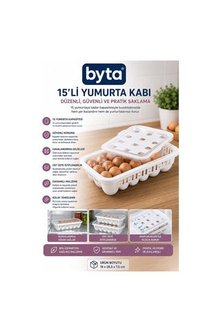 Kapaklı Yumurta Saklama Kabı, 15 Yumurta Kapasiteli, Beyaz Plastik, Havalandırmalı Kapak, 28,5 18 7,5 Cm, 1 Adet Çok Renkli