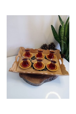 Dalgalı Model Ahşap Eskitme Dekoratif Kahve, Çay, Söz, Nişan, Sunum , Servis Tepsisi Ahşap