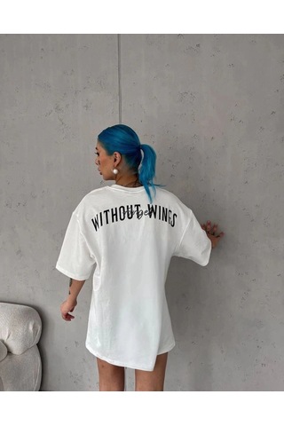 Freedom Store Kadın Kısa Kol Yazlık Tişört Bisiklet Yaka Baskılı Oversize T-shirt - Beyaz