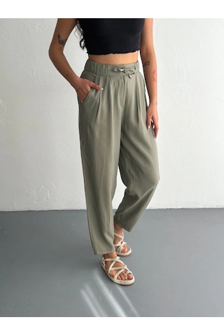 Kadın Yüksel Bel Beli Bağcıklı Cepli Rahat Paça Pantalon - Su Yeşili Su Yeşili
