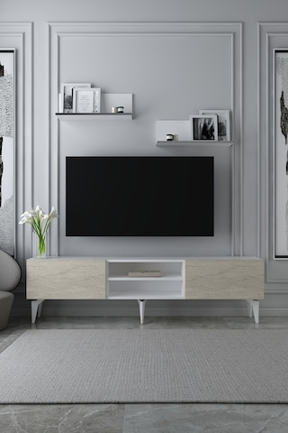 180dhdtrür1btg Sadem Raflı Tv Sehpası Ünitesi Beyaz-traverten-gümüş