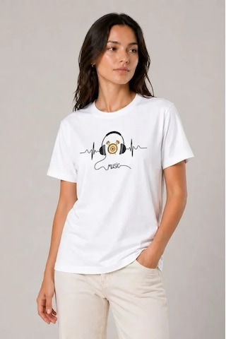 Defymoda Müzik Temalı Baskılı Tişört Bisiklet Yaka Kısa Kol T-shirt - Beyaz
