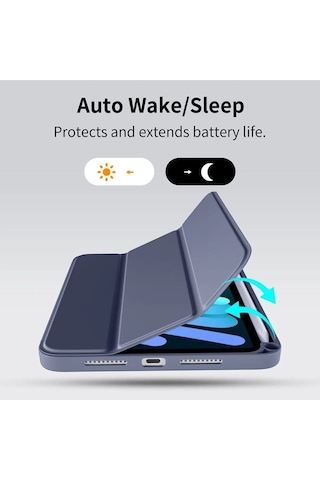 Apple Uyumlu iPad Mini 7 A17 Pro Kılıf Uyku Modlu Smart Pen Slot Charging Case Kapaklı Kılıf