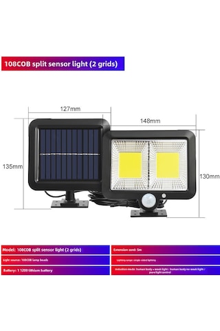 Mufunye Güneş Enerjili Dış Mekan Sensörlü Işık - Su Geçirmez, 108cob, Bölünmüş Sistem, 3 Mod, 6-12 Saat Aydınlatma - Bahçe, Garaj Duvar Lambası