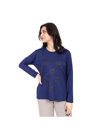 Yeni Sezon Kadın Orta Yaş Ve Üzeri Viskoz Lazer Baskı İşlemeli Lüks Anne Penye Bluz 23350-indigo İndigo