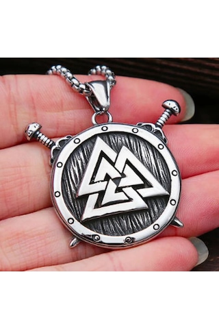 Paslanmaz Çelik Güç Simgesi Valknut Savaşçı Viking Kalkan Kolye Gümüş