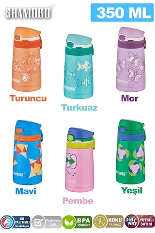 Shamobo Çocuk 350 Ml Pipetli Paslanmaz Çelik Termos Bpa İçermez 7 Renk Koyu Pembe