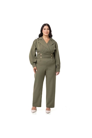 Büyük Beden Kruvaze Yaka Metal Düğmeli Fermuarlı Haki Tulum-haki Haki