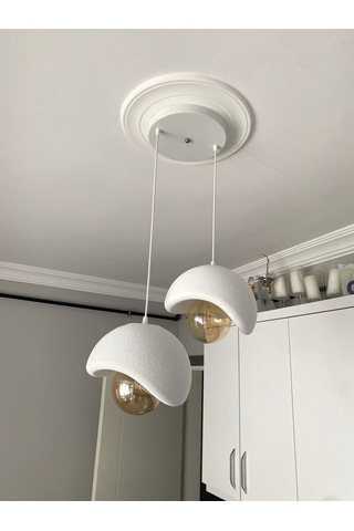 Beton Görünümlü Modern Şık İskandinav Tarz 2 Başlı Avize 25cm Rustik Ampul Hediyeli Nestvibe Beyaz