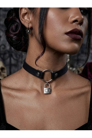 Gotik Choker Kolye Kadın Kilit Detaylı Punk Boyunluk Alternatif Tarz Yaka Kolyesi Gothic Stil Parti Ve Cosplay Aksesuarı Gri